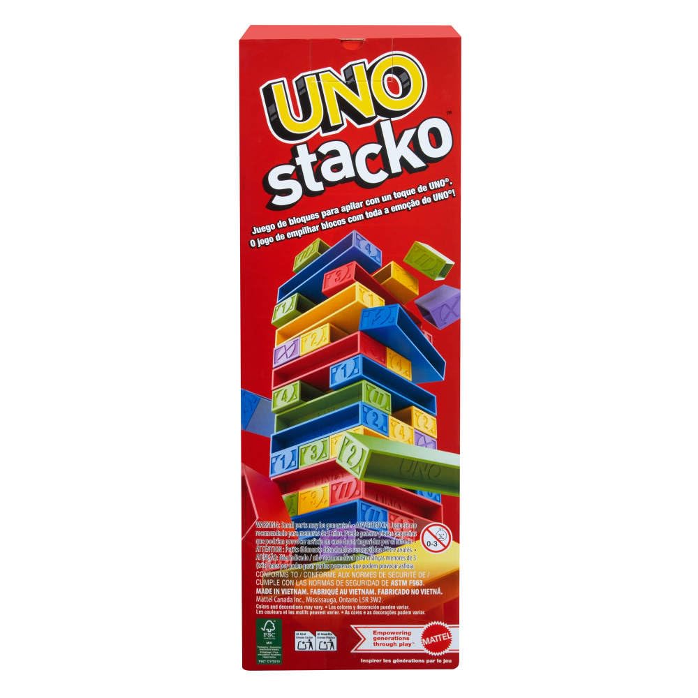 Mattel Games UNO Stacko Game for Kids & Family with 45 Colored Stacking Blocks & Loading Tray, Build & Play, Nights & Parties