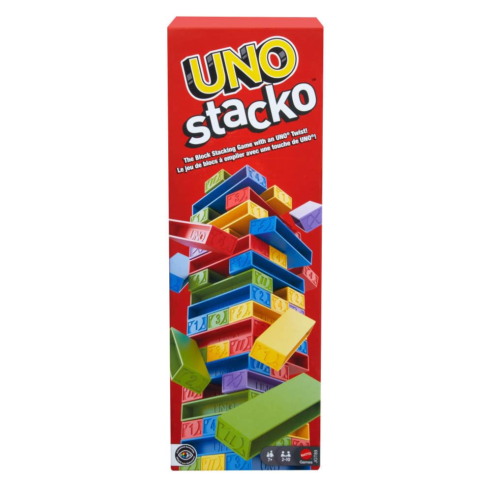 Mattel Games UNO Stacko Game for Kids & Family with 45 Colored Stacking Blocks & Loading Tray, Build & Play, Nights & Parties