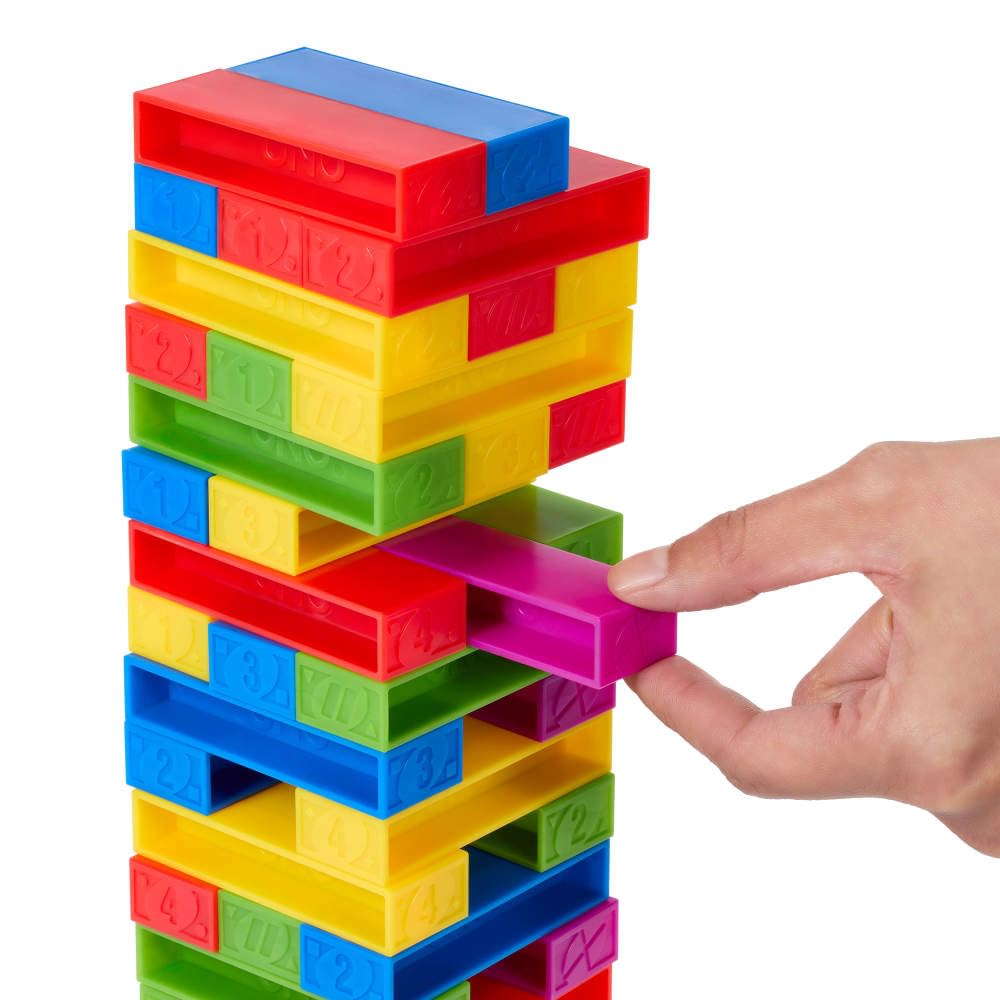 Mattel Games UNO Stacko Game for Kids & Family with 45 Colored Stacking Blocks & Loading Tray, Build & Play, Nights & Parties