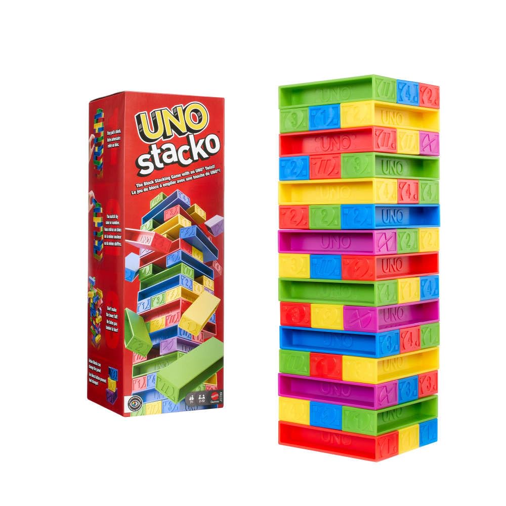 Mattel Games UNO Stacko Game for Kids & Family with 45 Colored Stacking Blocks & Loading Tray, Build & Play, Nights & Parties