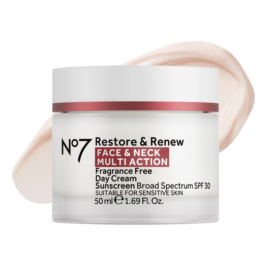No7 Restore & Renew Multi Action Face & Neck SPF 30 Day Cream - Firming & Hydrating Face Moisturizer with Hyaluronic Acid to Help Reduce the Appearance of Wrinkles - Fragrance-Free (1.69 Fl Oz)