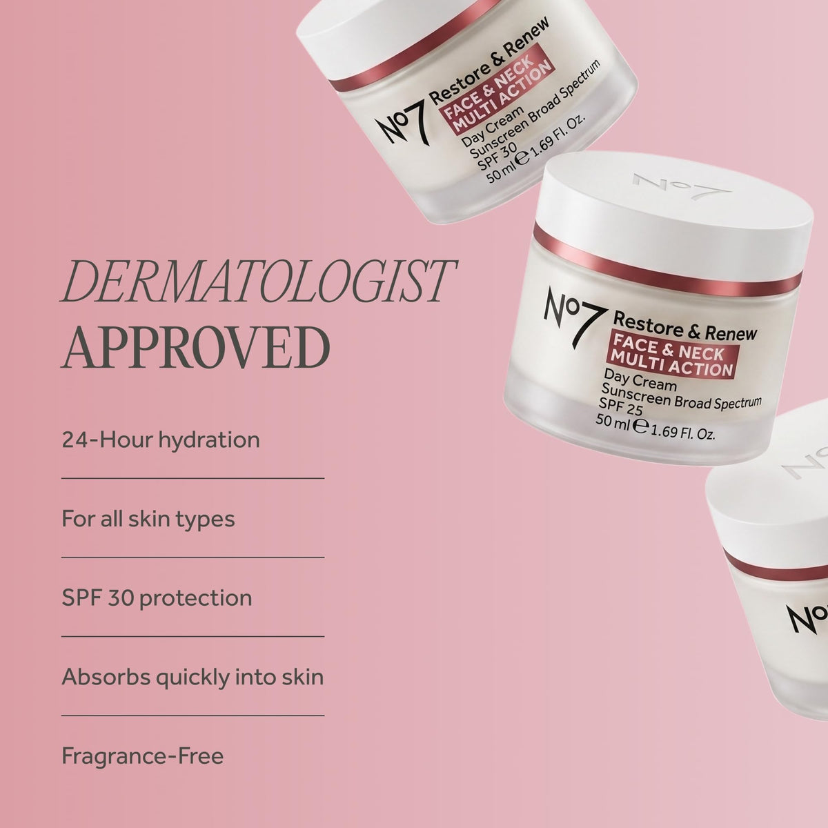 No7 Restore & Renew Multi Action Face & Neck SPF 30 Day Cream - Firming & Hydrating Face Moisturizer with Hyaluronic Acid to Help Reduce the Appearance of Wrinkles - Fragrance-Free (1.69 Fl Oz)