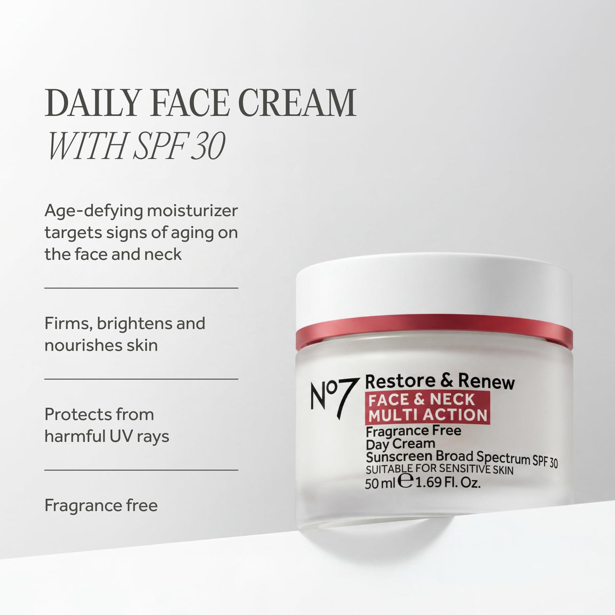 No7 Restore & Renew Multi Action Face & Neck SPF 30 Day Cream - Firming & Hydrating Face Moisturizer with Hyaluronic Acid to Help Reduce the Appearance of Wrinkles - Fragrance-Free (1.69 Fl Oz)