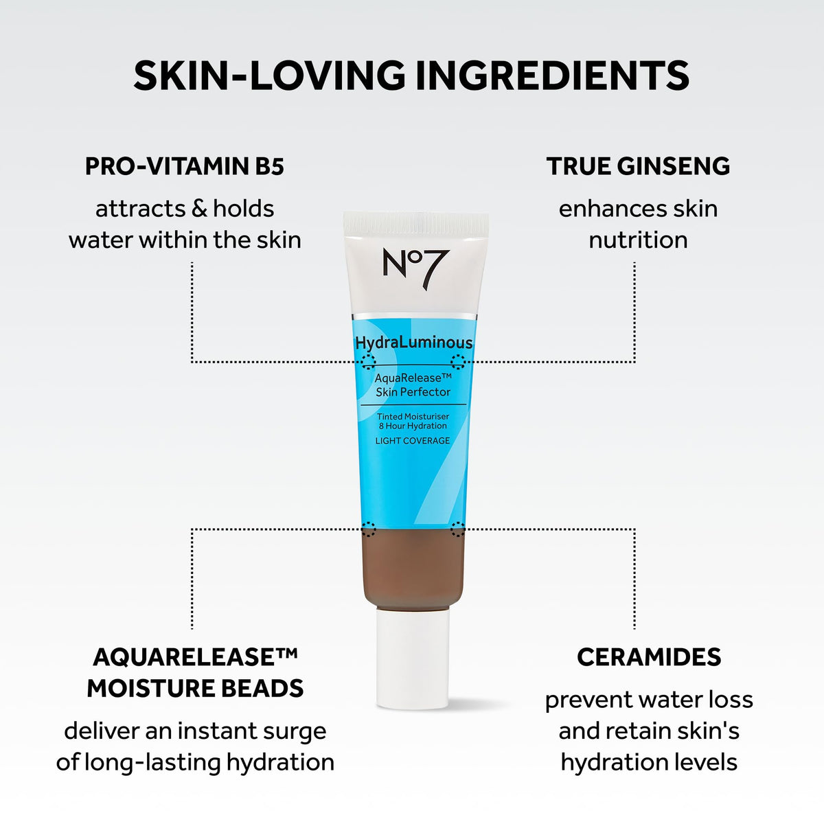 No7 HydraLuminous AquaRelease Skin Perfector - Hydrating Tinted Moisturizer & Foundation for Face - Ceramides & Vitamin B5 for Long Lasting Skin Hydration (30 ml)