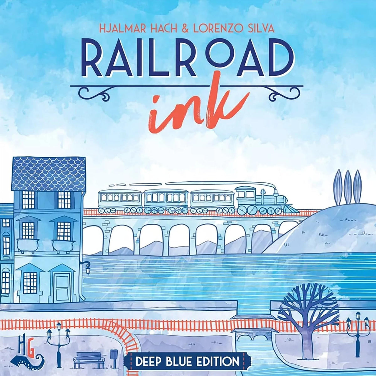 Horrible Guild Railroad Ink: Deep Blue Edition - Roll Dice and Draw Railways and Routes, 7 Rounds to Expand Your Rail Map - Expansion Dice Included Ages 8 & Up (Packaging may vary)