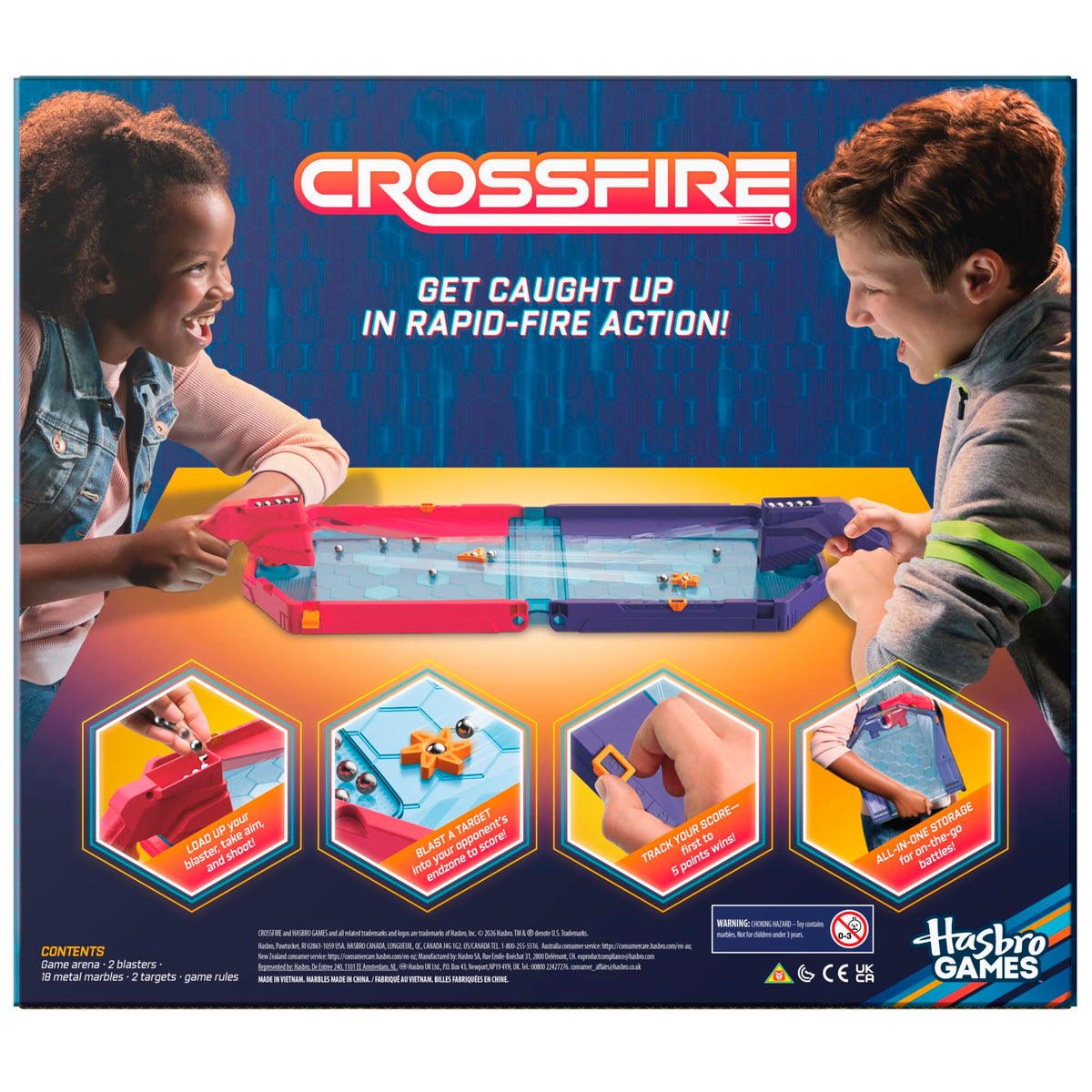 Hasbro Gaming Crossfire Game | Indoor Active Game for Kids and Teens | 2 Blasters, Marbles, Arena | Fun Family Board Games | 2 Players | 10 Mins. | Ages 7+
